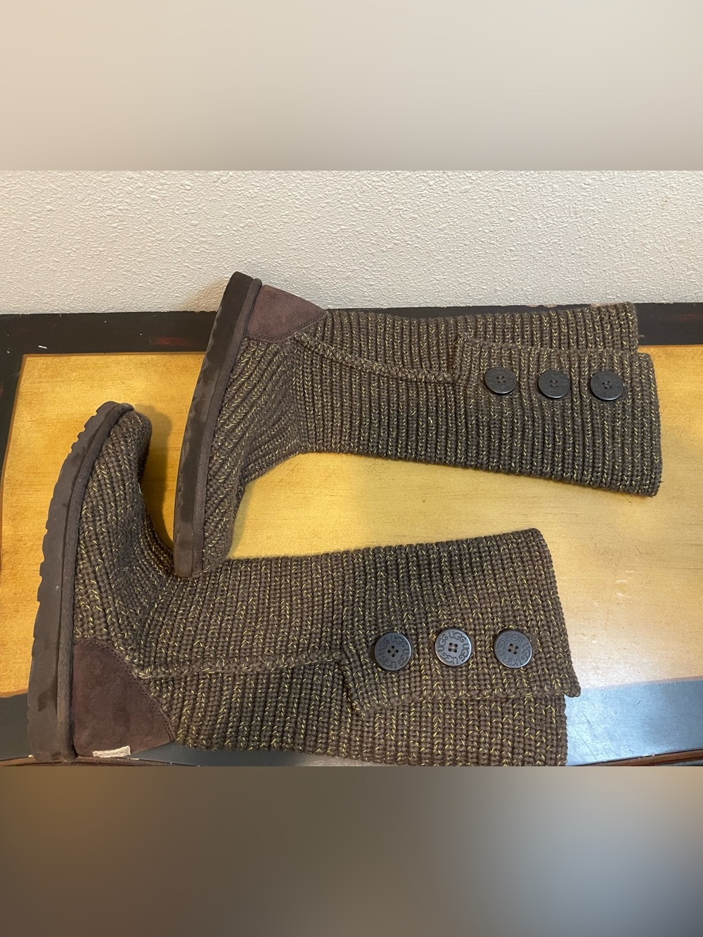 UGG W Purl Cardy Knit Boots Charcoal Grey Gold Metallic Sz 9